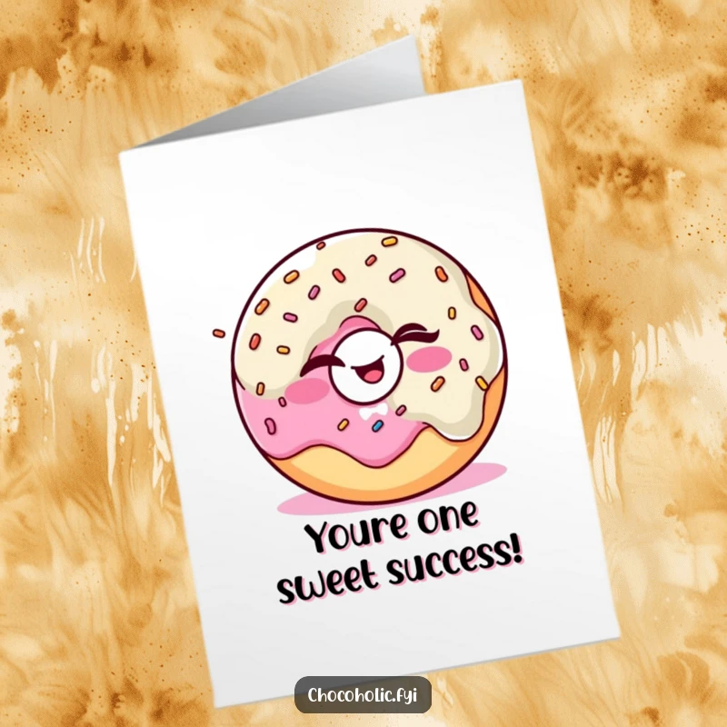 Funny Free Printable Kawaii donut character winking while juggling sprinkles, ideal for sending congratulatory messages with a sweet, quirky twist.