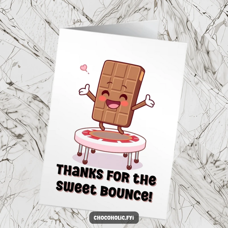 Funny Free Printable thank you card depicting a chocolate bar character gleefully bouncing on a marshmallow trampoline.
