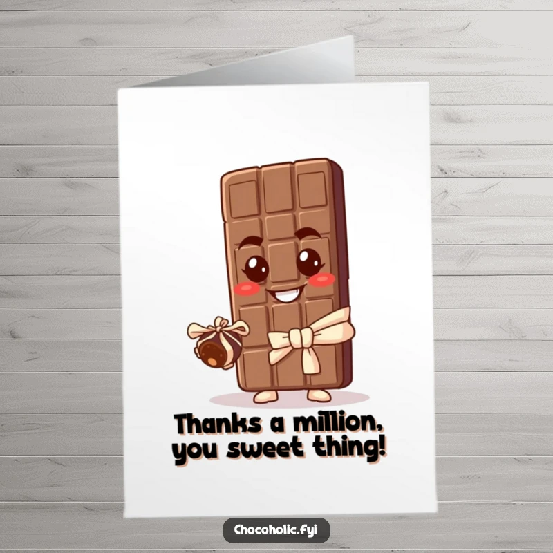 Funny Free Printable thank you card with a chocolate bar character holding out a small truffle.