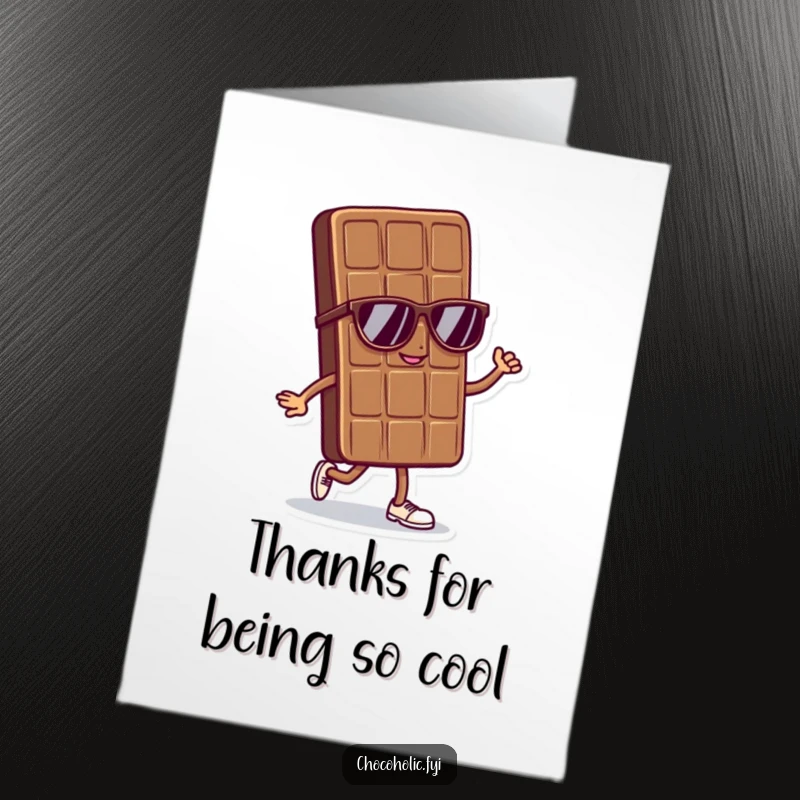Funny Free Printable Thank You Card: A chocolate bar character with sunglasses doing a cool strut, exuding confidence.