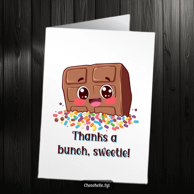 Funny Free Printable Thank You Card: Chocolate bar character with wide, excited eyes diving into a mound of sprinkles.
