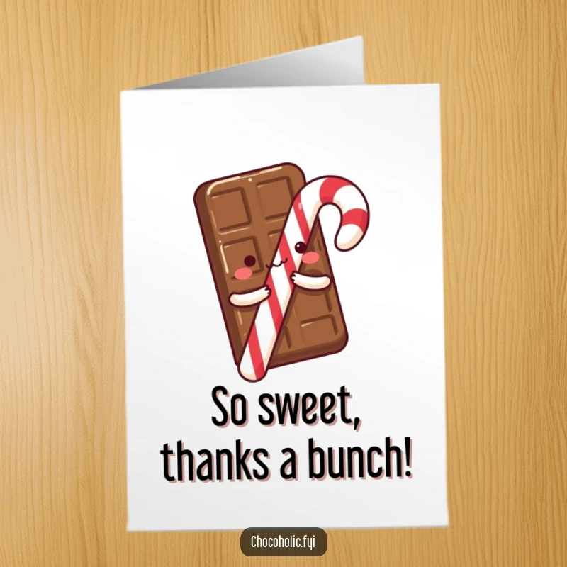Funny Free Printable Thank You Card of a chocolate bar with tiny arms giving an excited hug to a candy cane.
