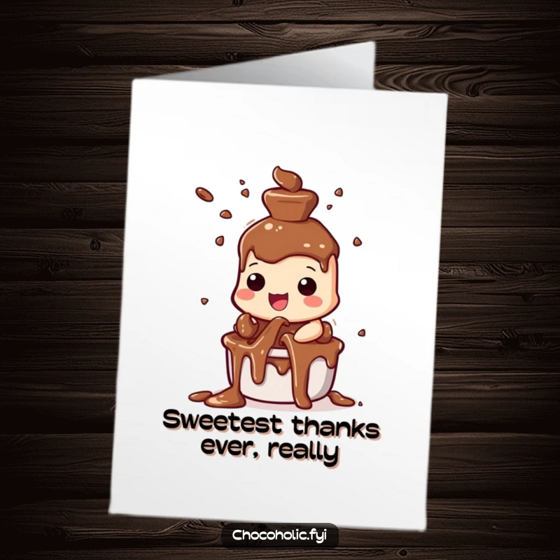 Funny Free Printable Thank You Card depicting a chocolate fountain character spraying streams of happiness and gratitude.
