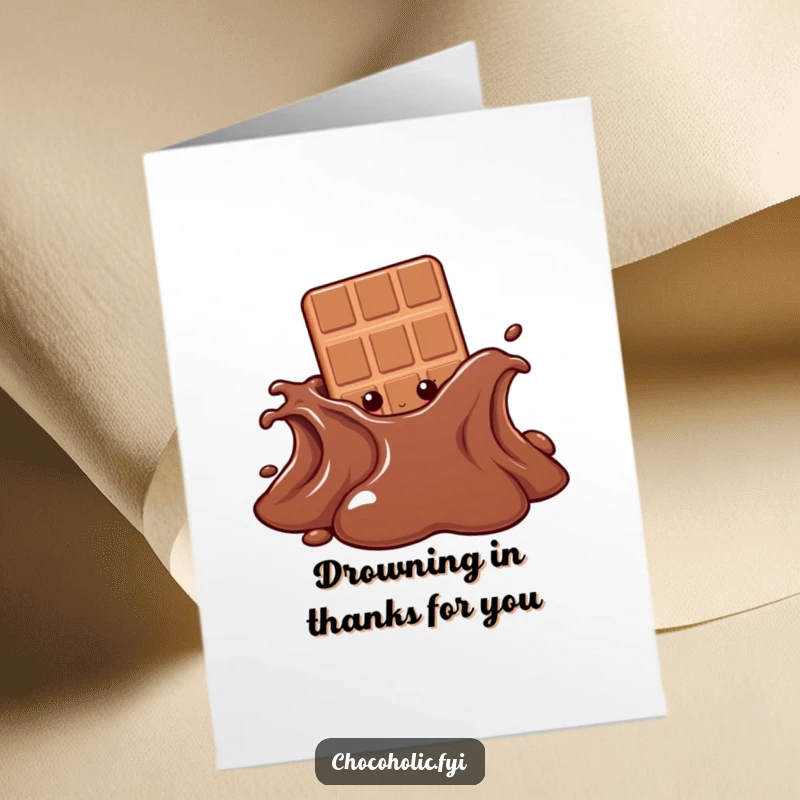 Funny free printable thank you card: a chocolate bar character peeking out from behind a giant puddle of melting chocolate.