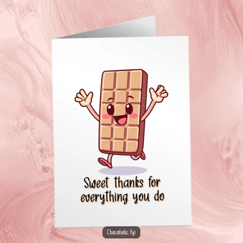 Funny free printable thank you card: delighted chocolate bar character doing a happy hop, arms in the air, expressing thanks.