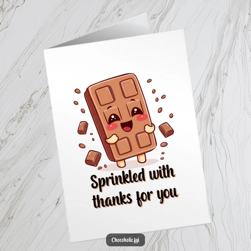 Funny Free Printable Thank You Card of a giggling chocolate bar character raining sprinkles, a charming downloadable gift.