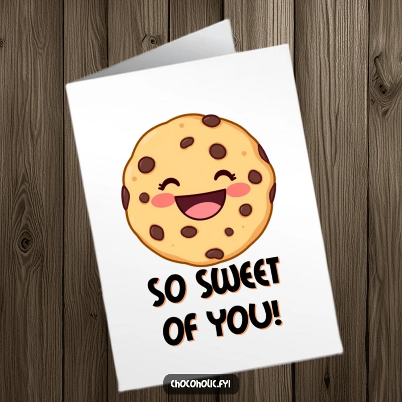 Funny Free Printable Thank You Card: A kawaii chocolate chip cookie character with an infectious, delighted grin, thanking someone sweetly.