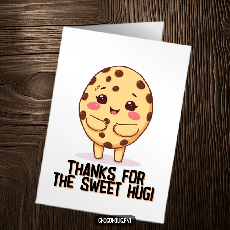 Funny Free Printable Thank You Card: Kawaii chocolate chip cookie character giving a warm, fuzzy hug to show thanks.