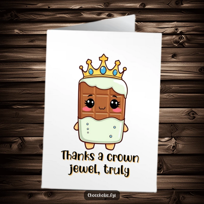 Funny Free Printable Thank You Card of a chocolate bar character wearing a crown, a distinguished downloadable gift.