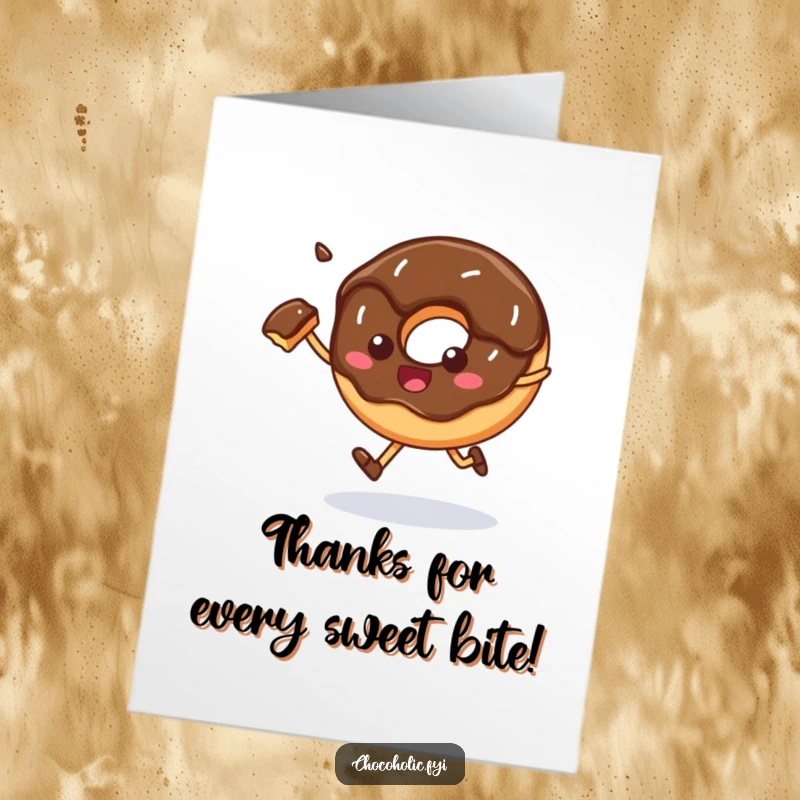 Funny Free Printable Thank You Card of a chocolate donut happily skipping, with a bite taken out.