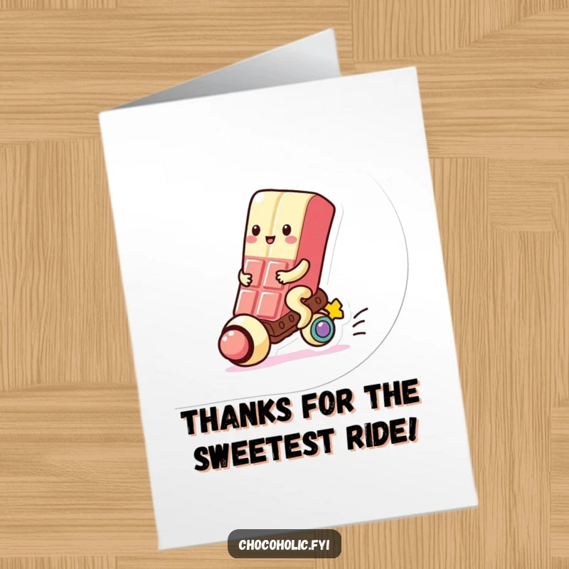 Funny Free Printable Thank You Card: Kawaii chocolate bar happily rides a gumball, perfect for a sweet thank you.