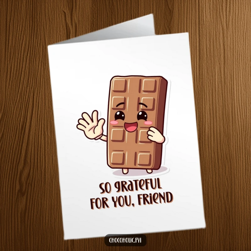 Funny Free Printable Thank You Card depicting a cheerful chocolate bar character waving, a delightful downloadable gift.