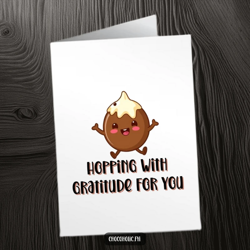 Funny Free Printable Thank You Card of a chocolate truffle character mid-hop, conveying sweet gratitude.