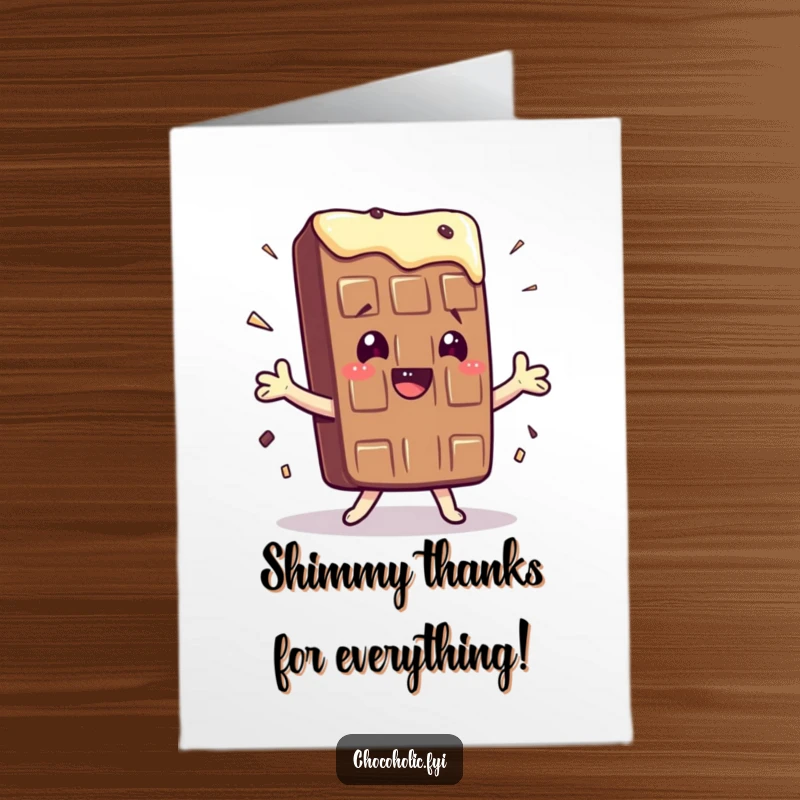 Funny Free Printable Thank You Card: Kawaii chocolate bar character doing a silly, exaggerated shimmy to express thanks.