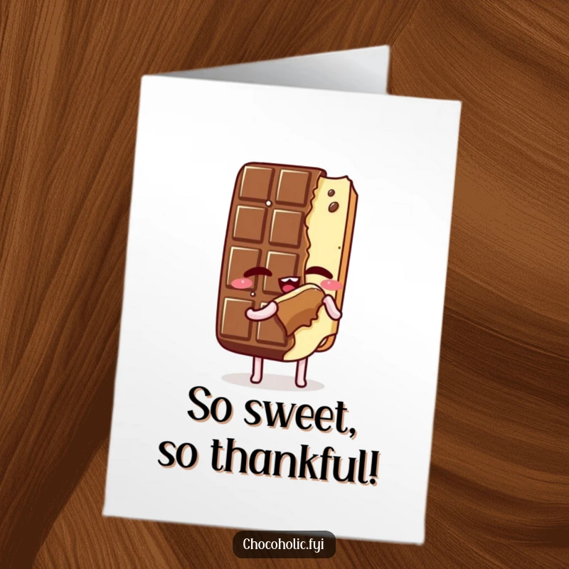 Funny Free Printable Thank You Card: A kawaii chocolate bar character with eyes closed savors a bite of itself.