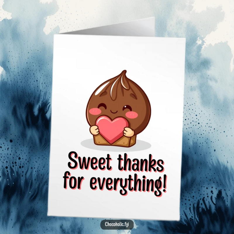 Funny Free Printable Thank You Card with a blushing chocolate truffle offering a small heart-shaped piece shyly.
