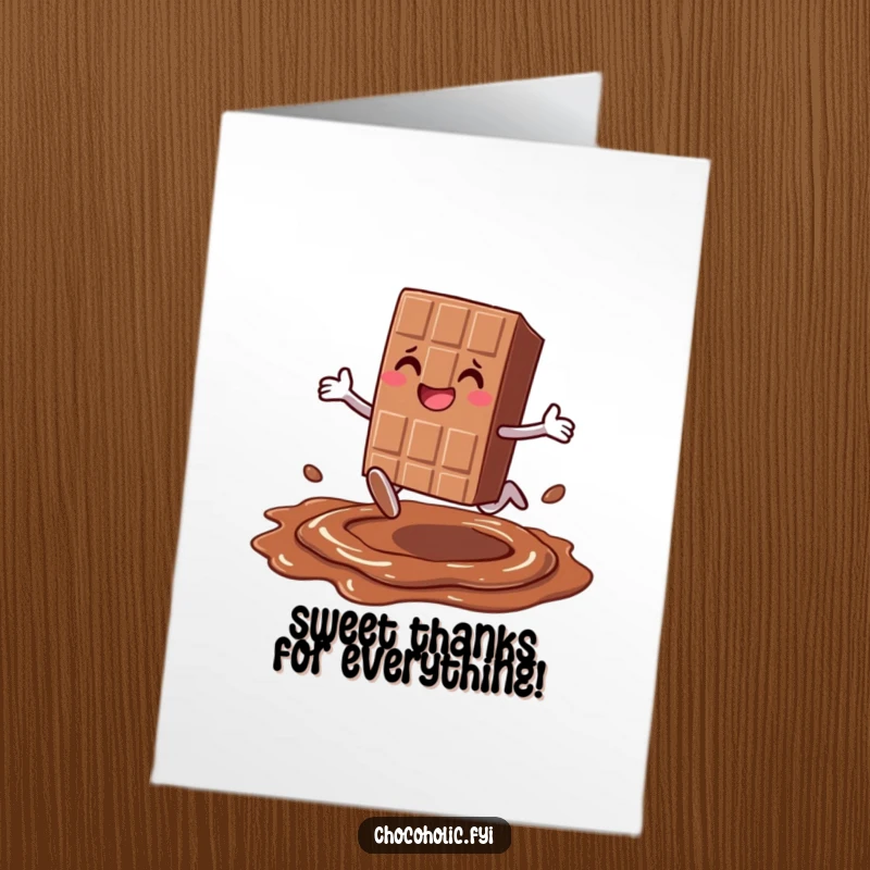Funny Free Printable Thank You Card: Smiling chocolate bar character leaping over melted chocolate with thanks.