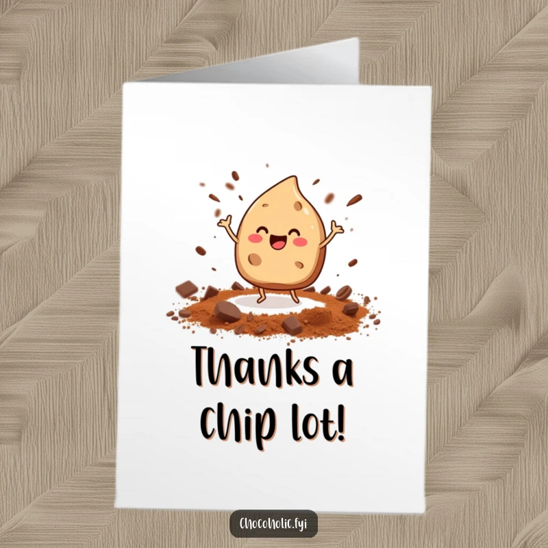 Funny Free Printable Thank You Card depicting a cheerful chocolate chip with legs dancing and showering cocoa powder.