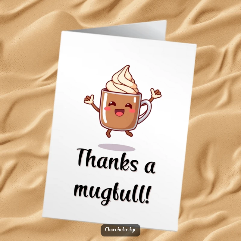 Funny Free Printable Thank You Card with a happy chocolate mug character and cream swirling, jumping with appreciation.