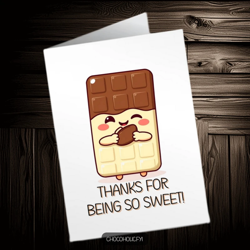 Funny Free Printable Thank You Card with a kawaii chocolate bar winking, holding a cocoa bean, expressing gratitude.