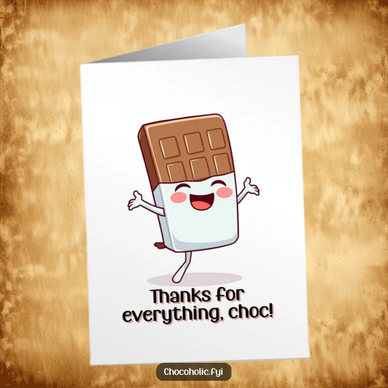 Funny Free Printable Thank You Card: Chocolate bar character giggling uncontrollably while attempting a hilarious, wobbly yoga pose.