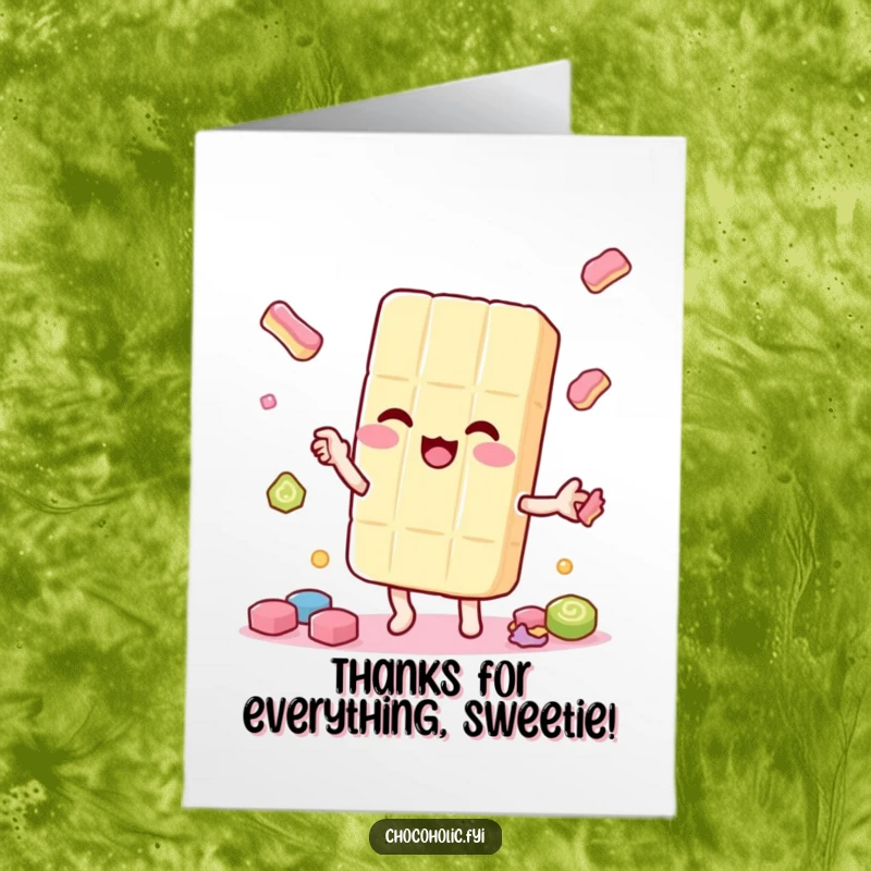 Funny Free Printable Thank You Card: Kawaii candy bar character juggling candies, offering a playful and humorous thank you.