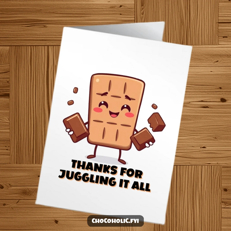 Funny free printable thank you card: a playful chocolate bar character juggling three chocolates, showing off its amazing balancing act.