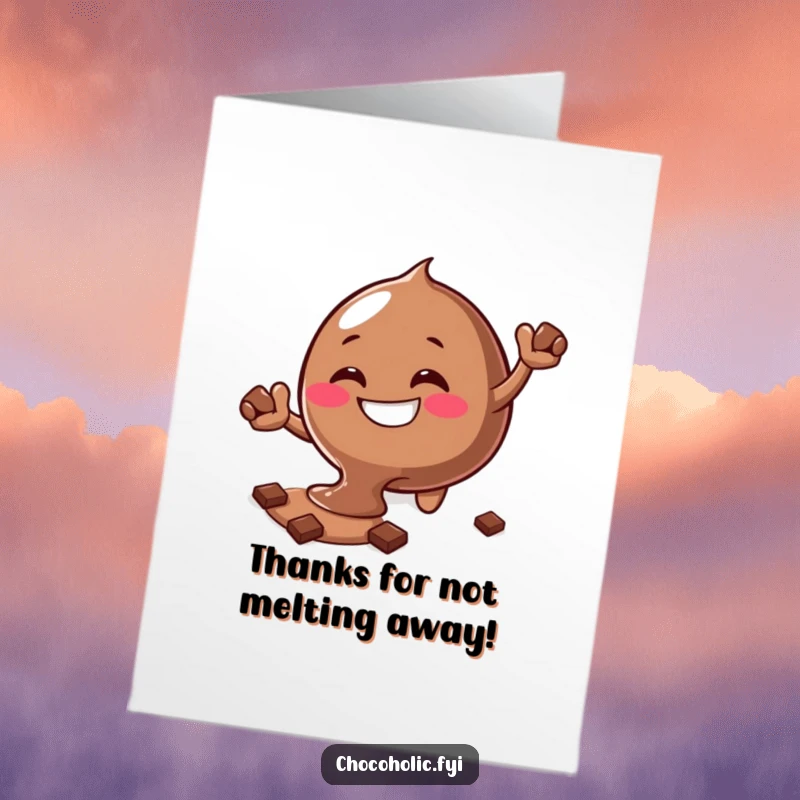Funny Free Printable Thank You Card of a melting chocolate blob character with a goofy grin reaching for chocolate.