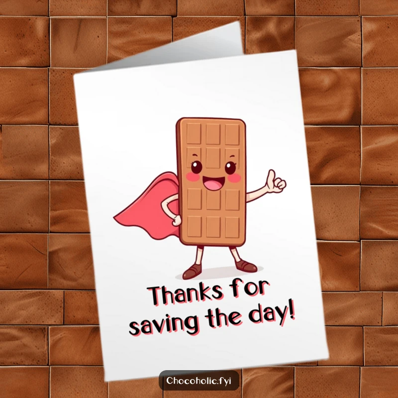 Funny Free Printable Thank You Card: A heroic chocolate bar posing with a cape, showing appreciation with flair.