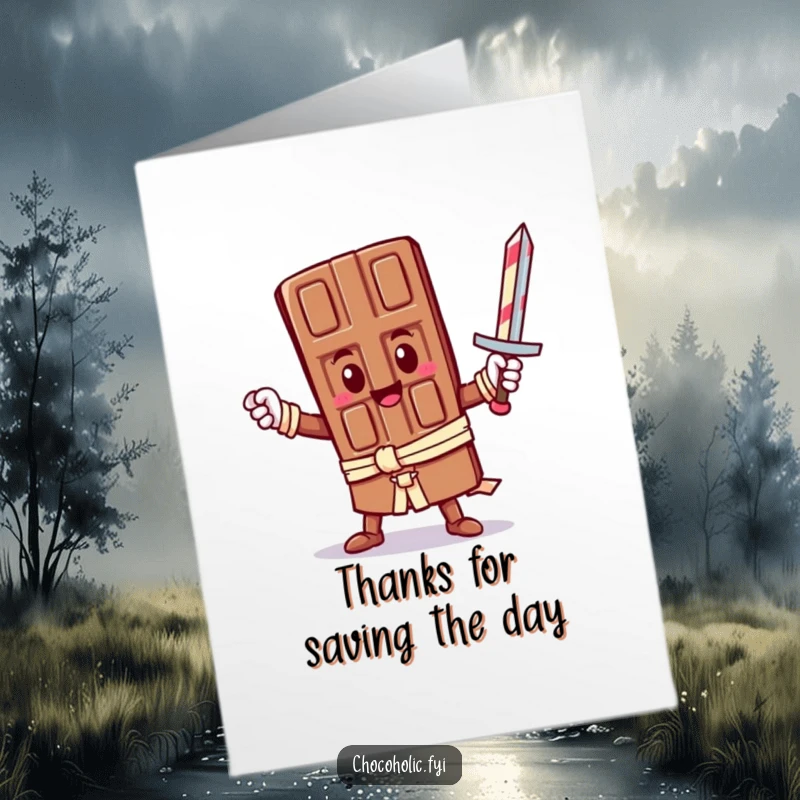 Funny Free Printable Thank You Card: A kawaii chocolate bar poses heroically with a candy cane sword, conveying thanks.