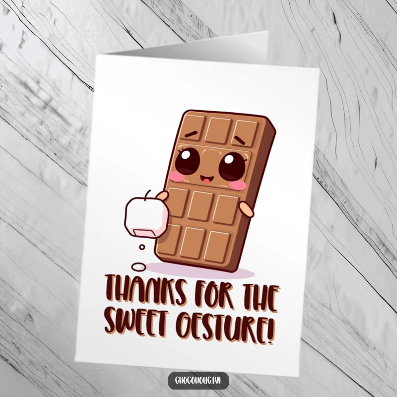 Funny Free Printable Thank You Card: A Kawaii chocolate bar with ecstatic eyes, reaching for a sweet falling marshmallow to convey thanks.