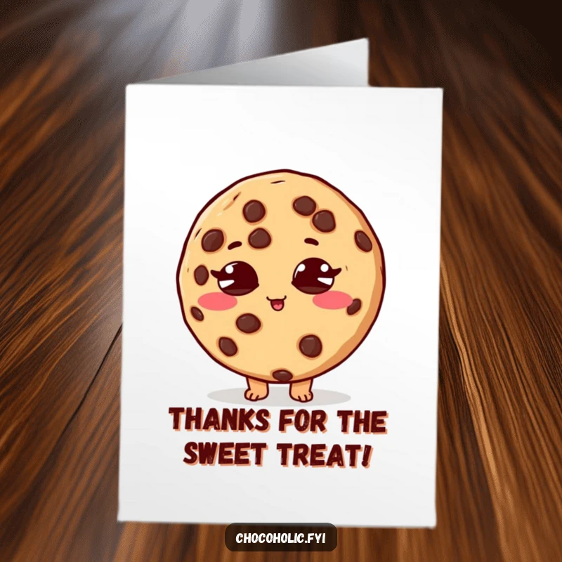 Funny Free Printable Thank You Card: A chocolate chip cookie character with crossed eyes, expressing energetic gratitude.