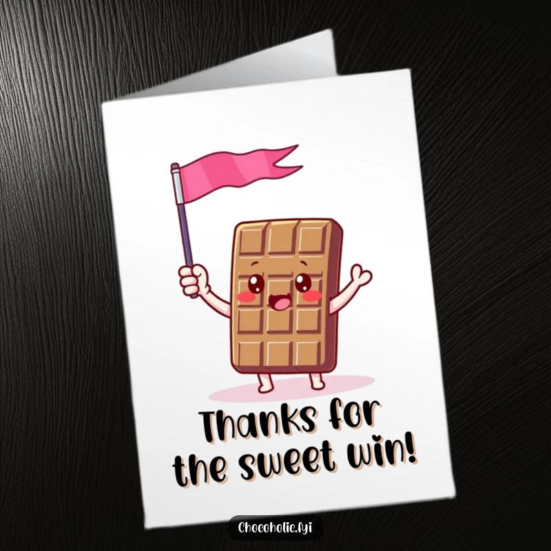 Funny Free Printable thank you card of a chocolate bar character waving a small chocolate foil flag happily.