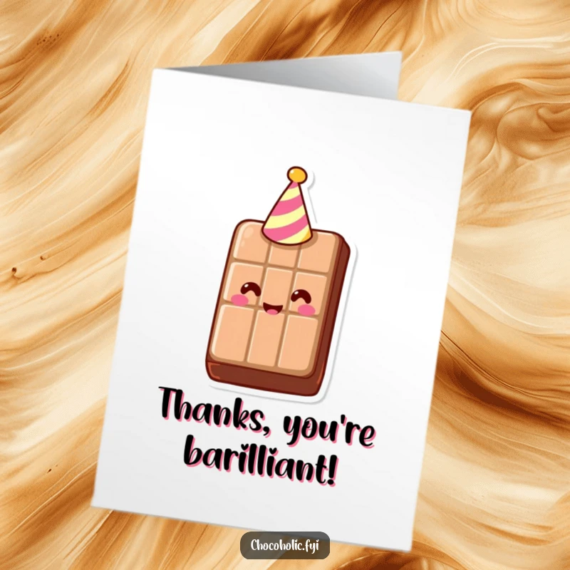 Funny Free Printable Thank You Card featuring a smiling chocolate bar with a tiny party hat, a sweet way to express thanks.