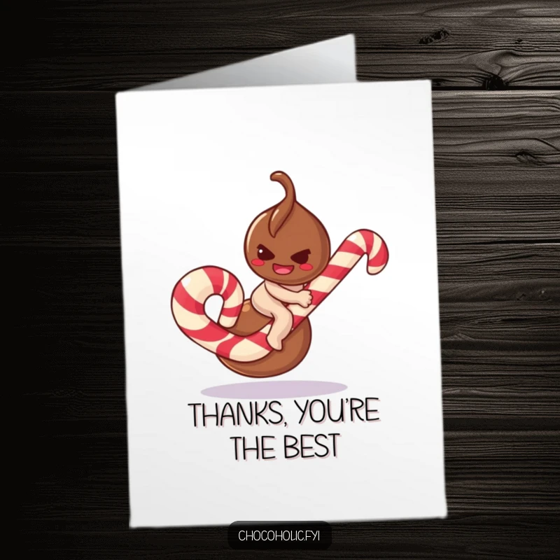 Funny free printable thank you card: a chocolate truffle with a mischievous smirk trying to ride a giant candy cane.