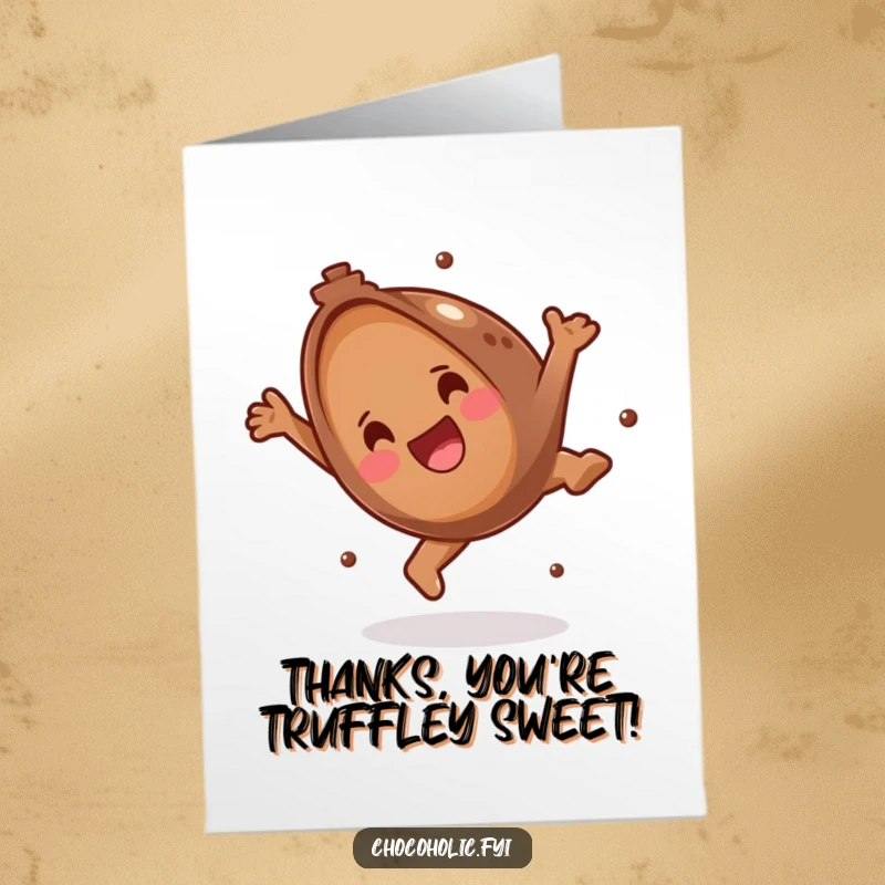 Funny Free Printable Thank You Card with a happy chocolate truffle performing a joyful somersault, a delightful way to express thanks.