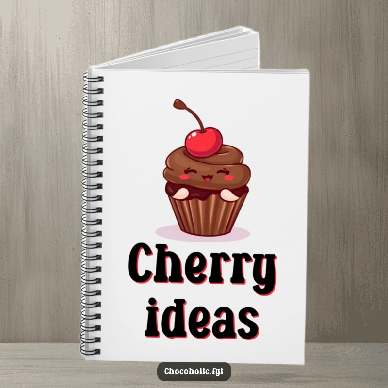 Funny Notebook with a chocolate cupcake and cherry in a playful pose, inspiring cheerful note-taking. A sweet and practical item.