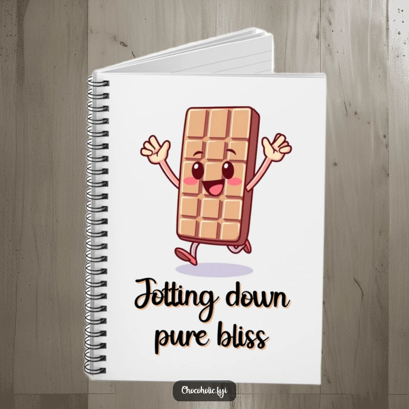 Funny notebook cover featuring a chocolate bar character in a spirited hop, arms raised, conveying energetic and happy thoughts.