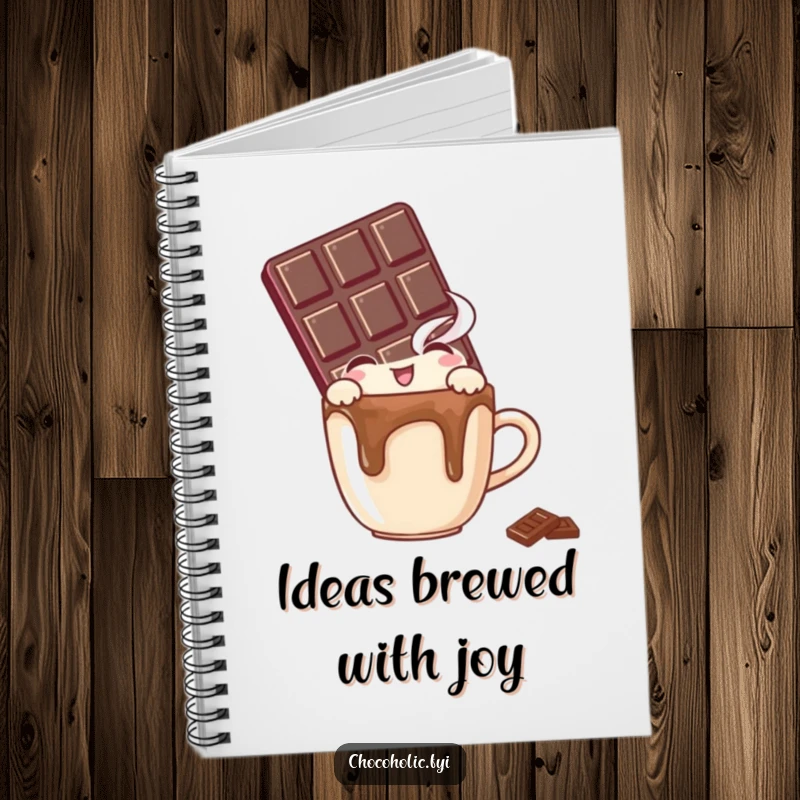 Funny notebook with a chocolate bar character peeking with delight over a tiny, steaming mug, perfect for journaling.
