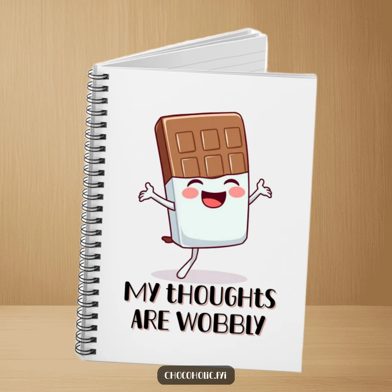 Funny notebook with a chocolate bar character giggling while attempting a wobbly yoga balance pose, ideal for jotting notes.