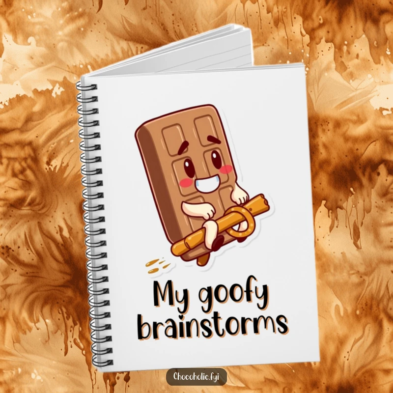 Funny Notebook: A chocolate bar with a goofy expression rides a pretzel stick, perfect for jotting down funny ideas and snack cravings.