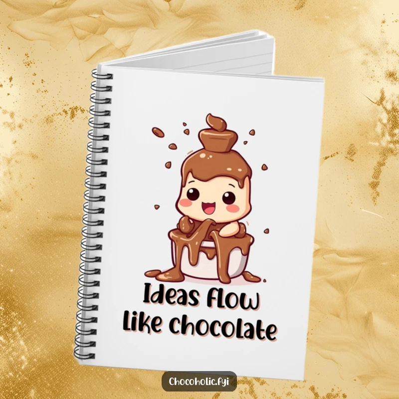 Funny chocolate fountain notebook with a character joyfully spraying chocolate streams, perfect for jotting down ideas.