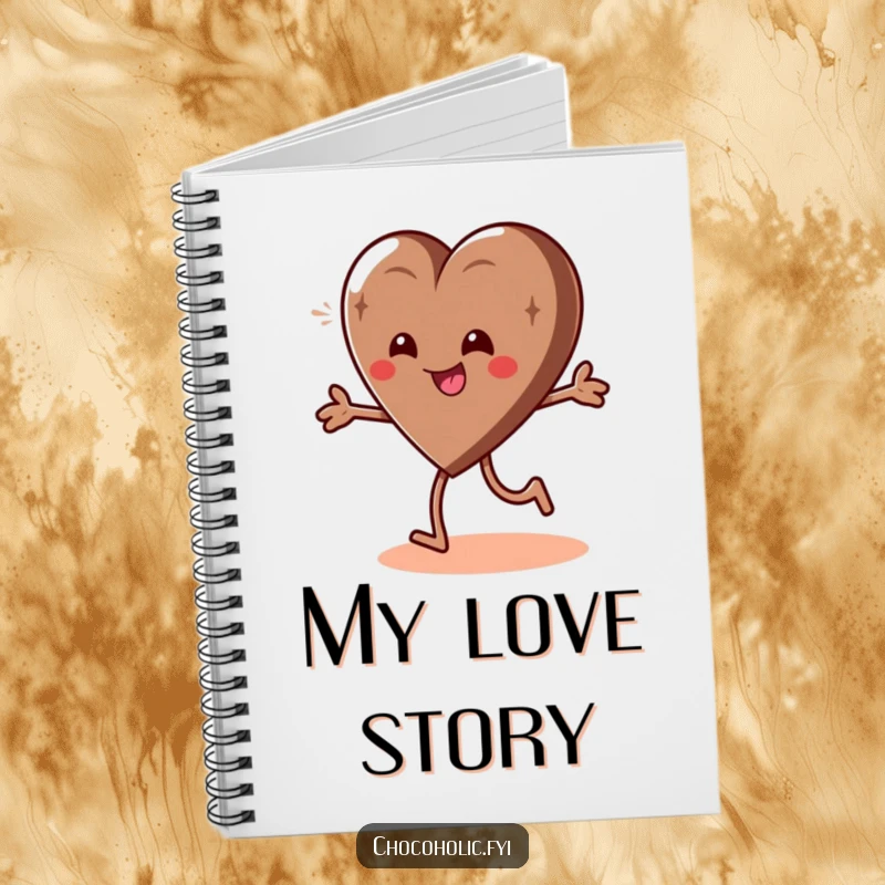 Funny notebook with a giddy chocolate heart character in a playful spin, ideal for jotting down joyful thoughts.