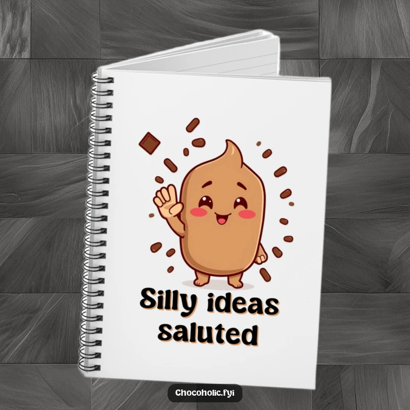 Funny cocoa powder notebook with a character giving a silly salute, perfect for jotting down ideas.