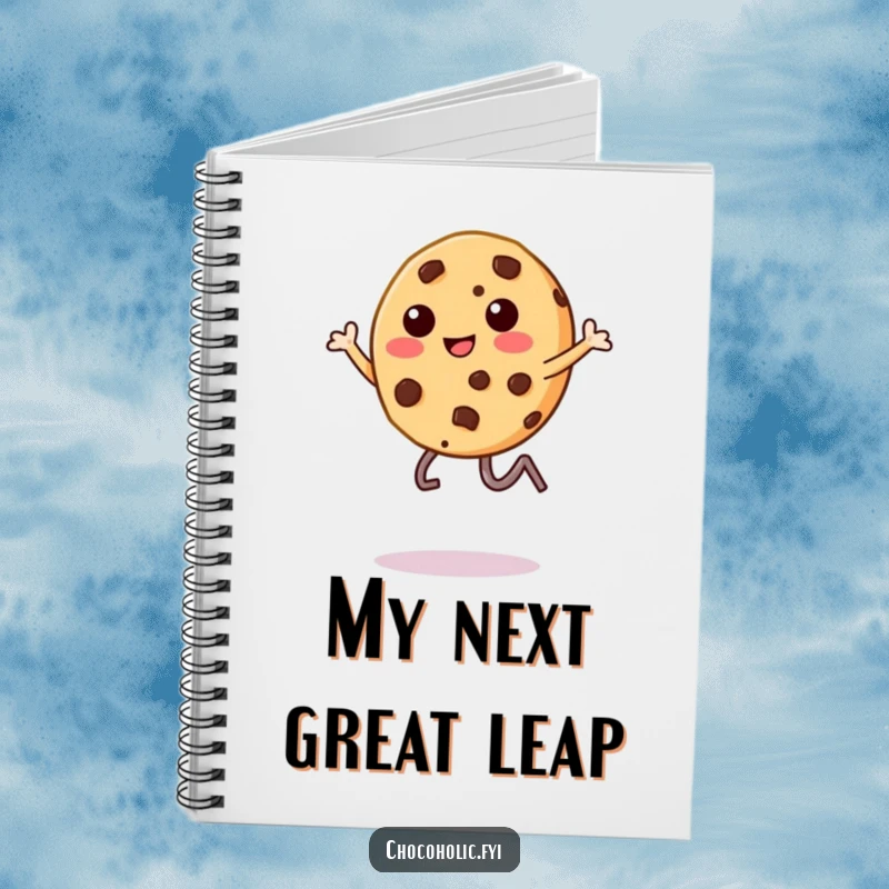 Funny kawaii chocolate chip cookie character, mid-leap, on the cover of a notebook, for jotting down funny thoughts.