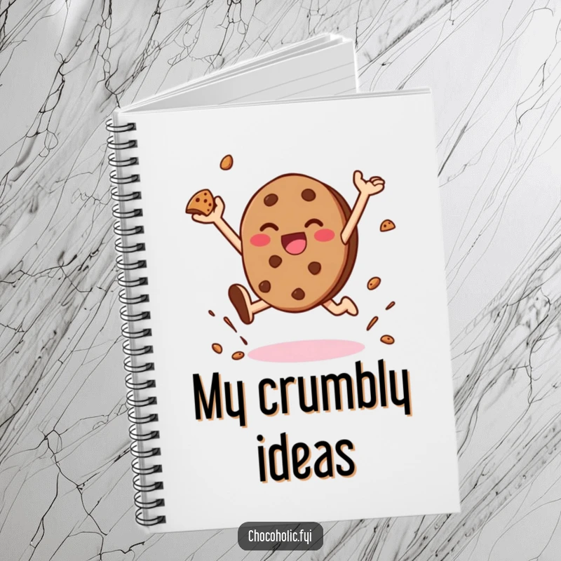 Funny notebook with a kawaii chocolate cookie character leaping joyfully and throwing crumbs, ideal for sweet note-taking.