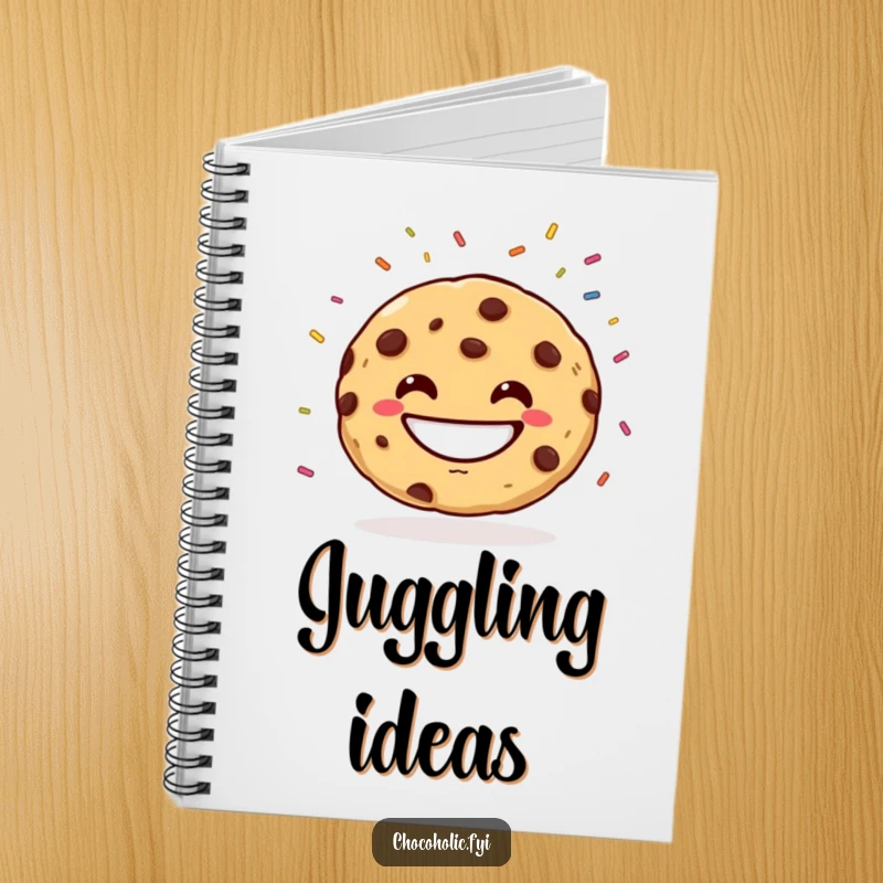 Funny Notebook with a grinning chocolate chip cookie juggling colorful sprinkles, inspiring creative and cheerful note-taking. A sweet and practical item.