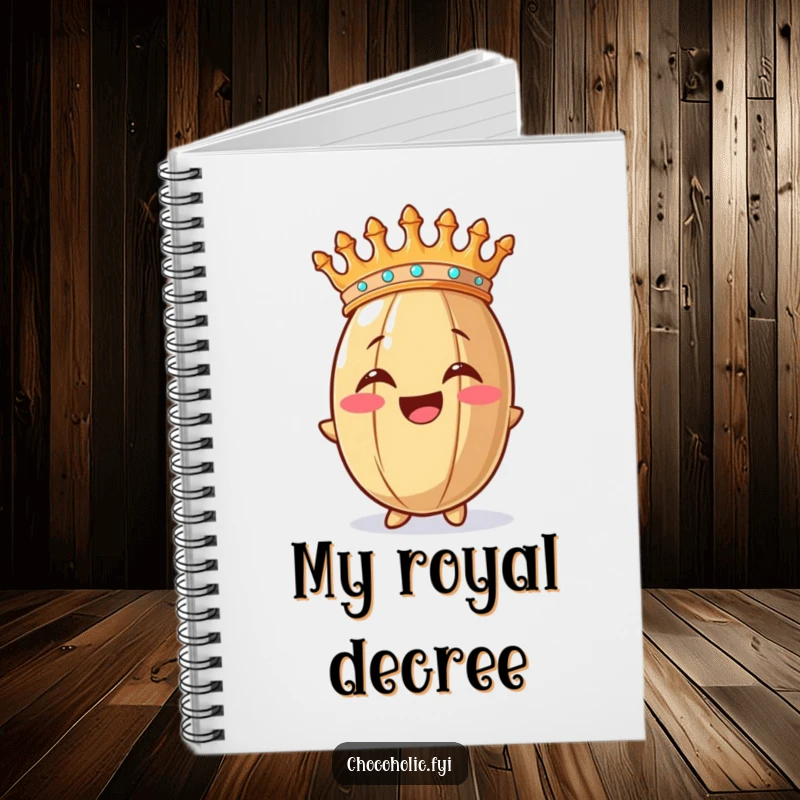 Funny notebook with a crowned cocoa bean looking overjoyed, perfect for notes, journaling, and creative ideas.