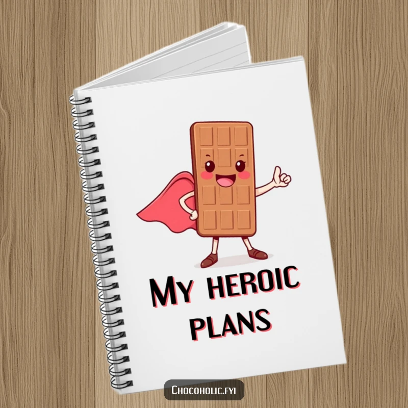 Funny notebook with a cheerful chocolate bar character in a heroic pose, cape flowing, perfect for jotting down brave ideas.