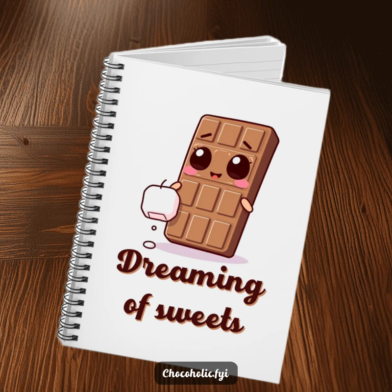 Funny Kawaii chocolate bar with ecstatic eyes, reaching for a falling marshmallow on the cover of a fun notebook.